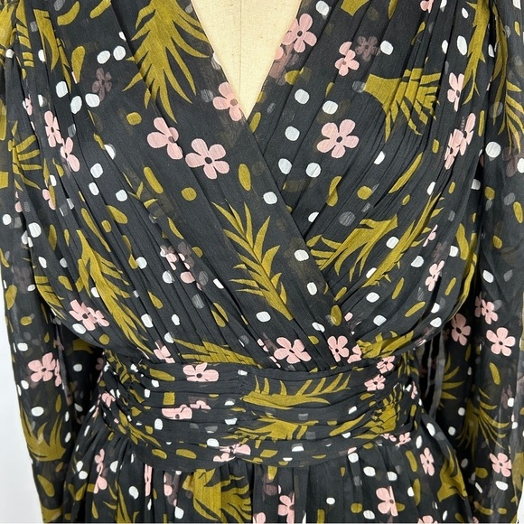 Vero Moda Black Pink Floral Sheer Long Sleeve V Neck Dress Size Medium - Picture 5 of 14